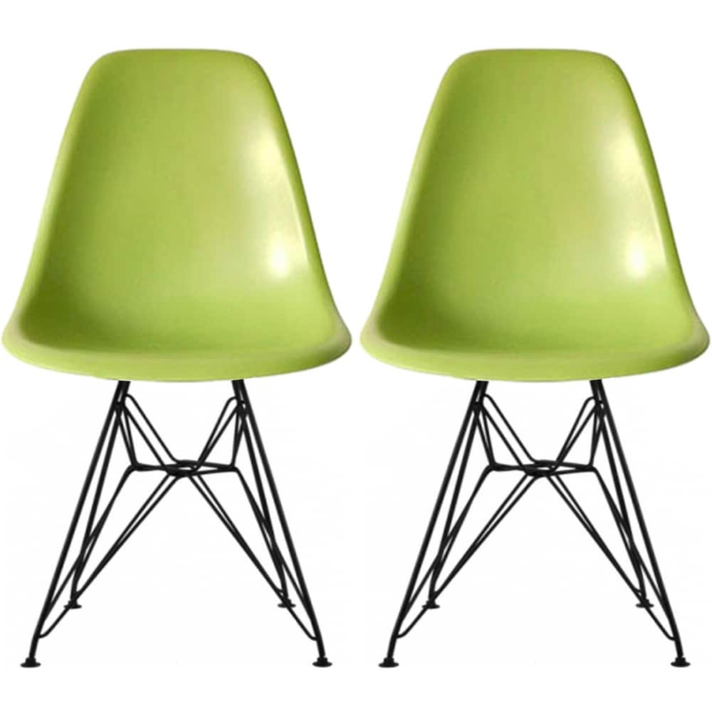 Set of 2 Mid-Century Modern Dining Side Chairs Armless Plastic Shell Seat with Black Metal Wire Eiffel Base, White