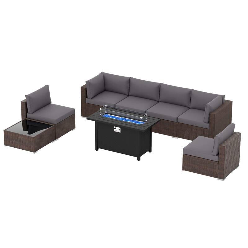 Outdoor Wicker Sectional Sofa 8-Piece Set with Fire Pit Table