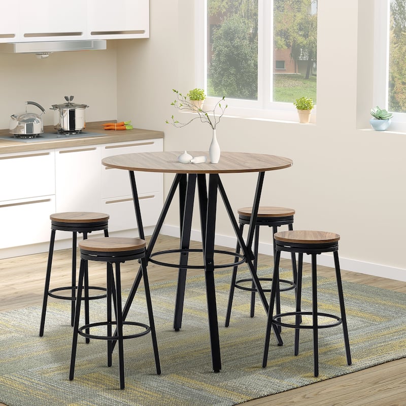 5-Piece Bar Table and Chairs Set with Swivel Seat, Industrial Round Dining Table & 4 Stools for Pub, Kitchen, Light Brown - Light Brown