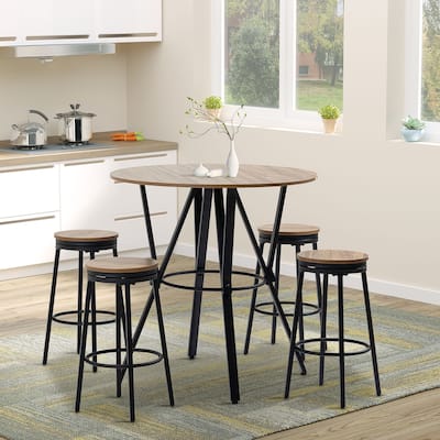 5-Piece Bar Table and Chairs Set with Swivel Seat, Industrial Round Dining Table & 4 Stools for Pub, Kitchen, Light Brown