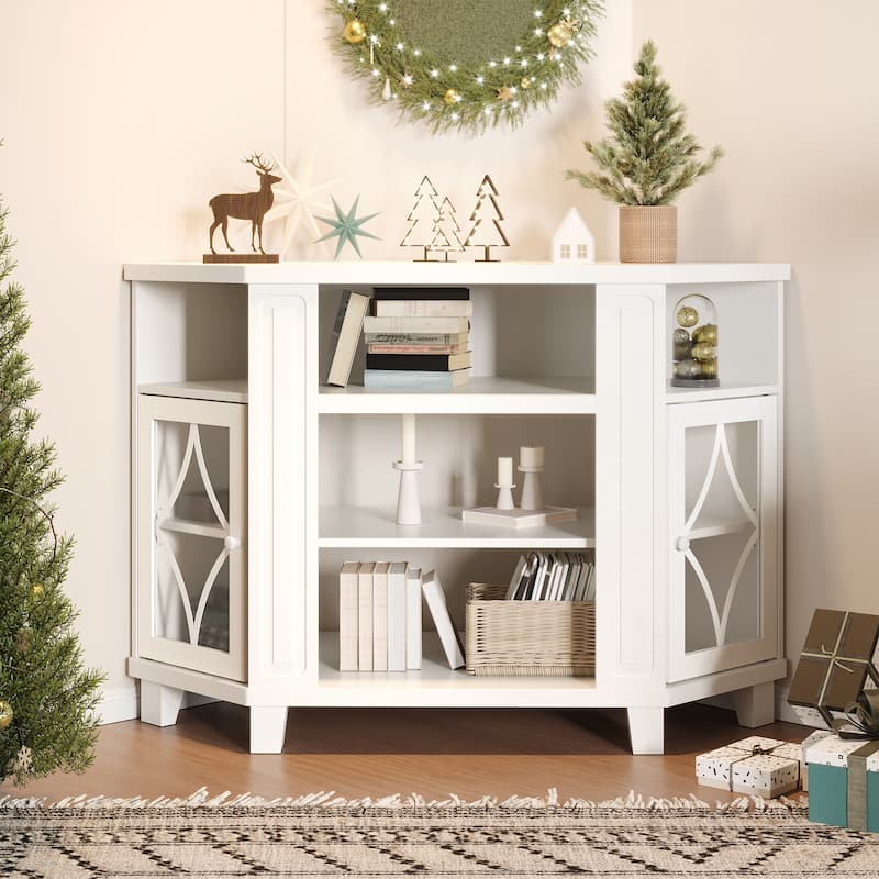 Corner TV Stands for TVs up to 55'', Media Console Table with Adjustable Shelves - White