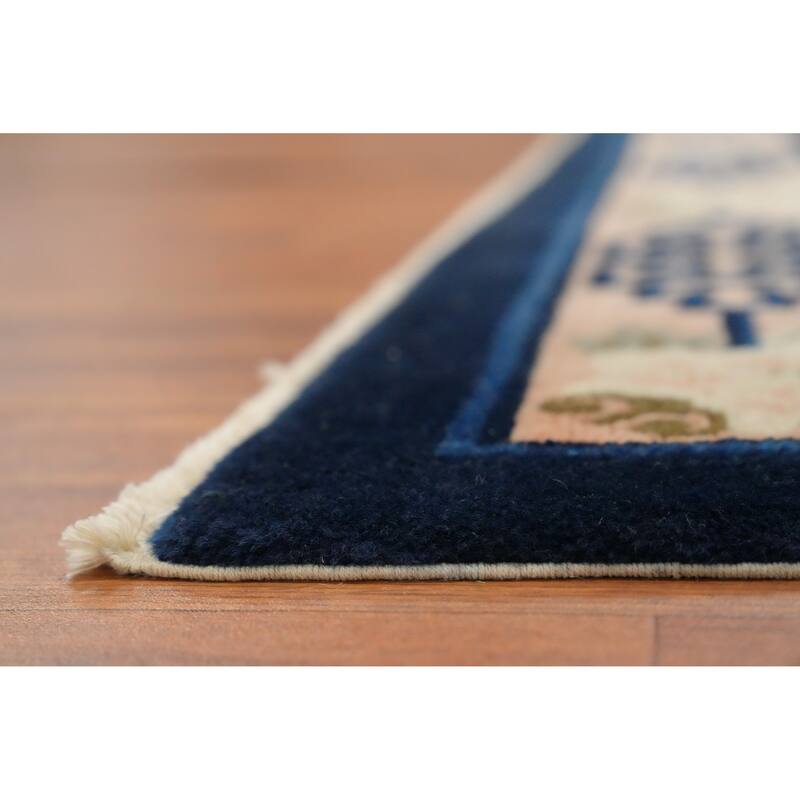 Hand Knotted Oriental 100% Wool Carpet Traditional Pictorial Navy Blue & Blues Art Deco Area Rug - 6' 6'' X 5' 0''