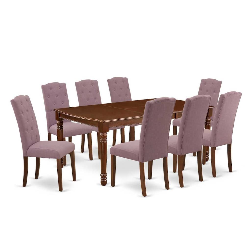 9Pc Dining Set - Rectangle Table with Leaf & 8 Parson Chairs - Mahogany Finish - 78