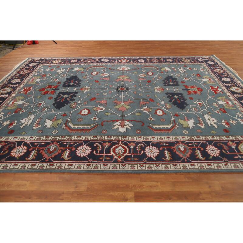 Hand Knotted Oriental 100% Wool Carpet Traditional Geometric Navy Blue & Blues Heriz (serapi) Area Rug - 11' 10'' X 8' 9''