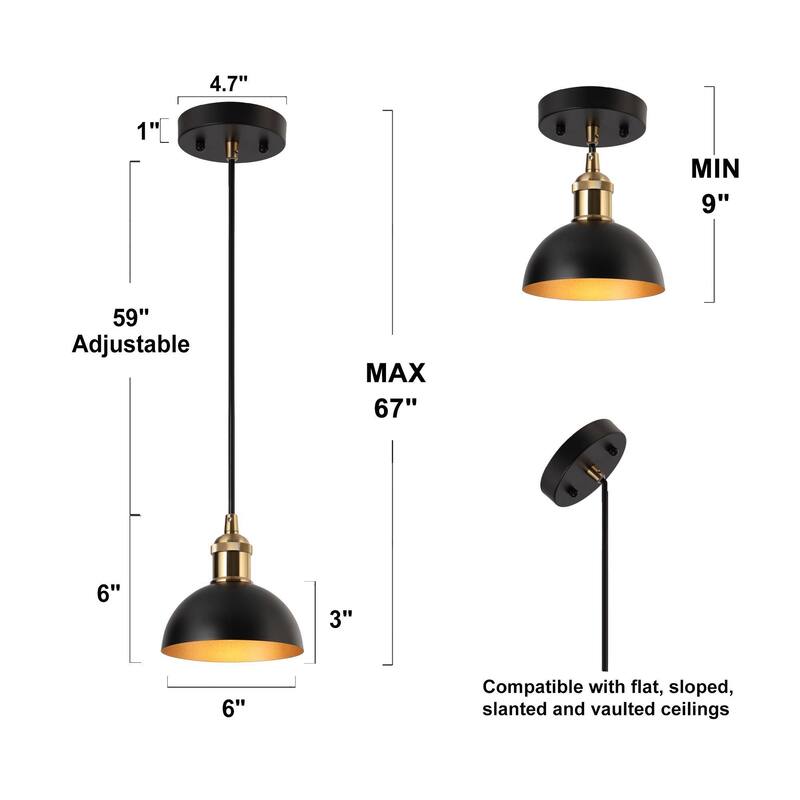 Modern Farmhouse 1-Light Metal Pendant Light Fixture Black Gold Kitchen Island Light for Dining Room - 6" D x 3'' H