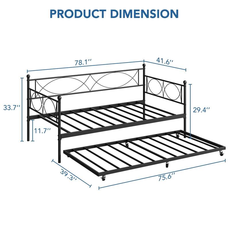 Metal Day Bed Twin Trundle Bed Frame, with Premium Steel Slat Support