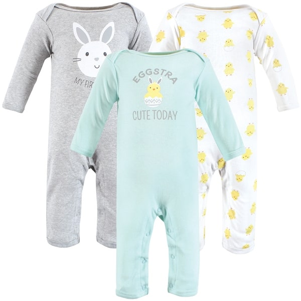 slide 1 of 1, Hudson Baby Unisex Baby Cotton Coveralls, Eggstra Cute 0 - 3 Months - Yellow/Grey/Blue