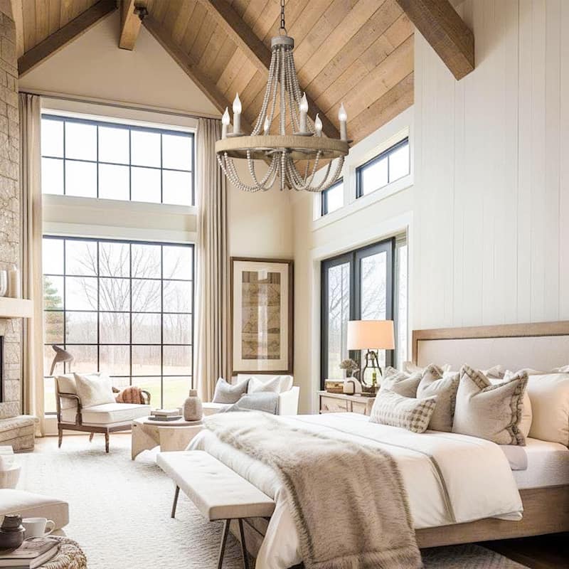 Coastal 6-Light Wood Beaded Wheel Candle Chandelier - 21.7-in W x 22.7-in H