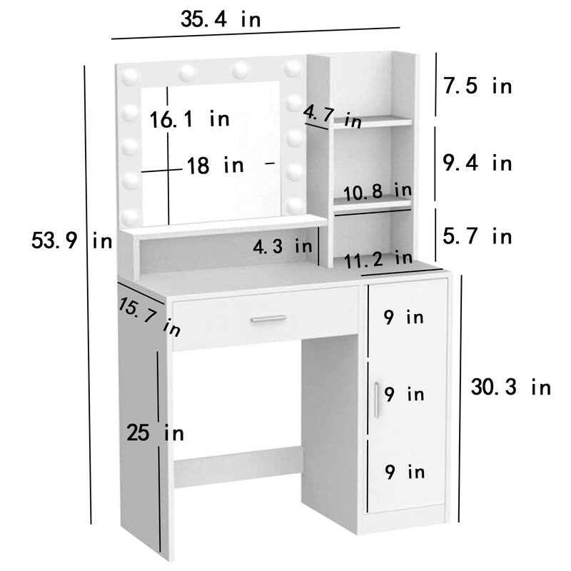 Vanity Desk with Mirror and Lights, Makeup Vanity with Drawer and Storage Shelves, Dressing Table with 3 Lighting Modes