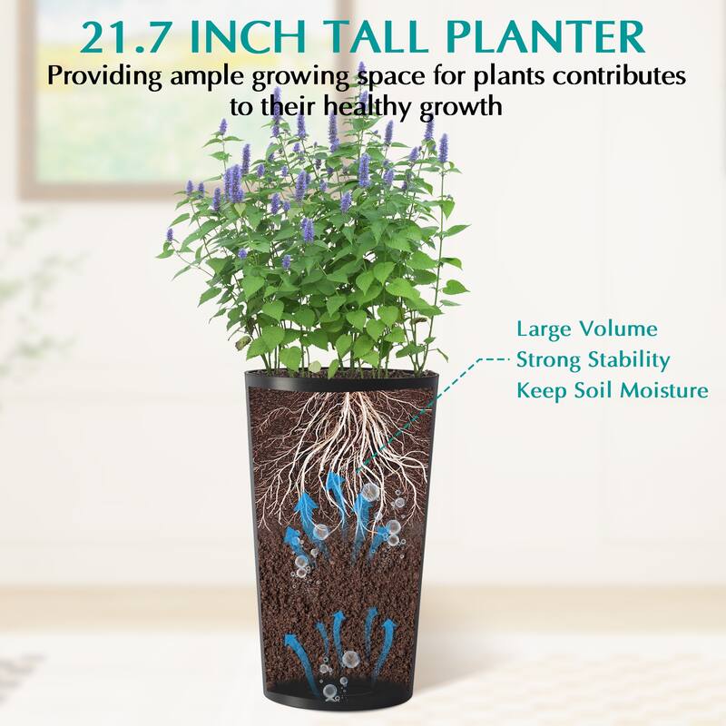 Anmytek Set of 2 Tall Black Planters 21.7 Inch Tapered Plastic Pots Weather Resistant for Indoor Outdoor Patio Entryway
