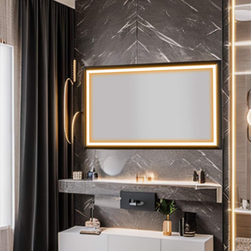 Elegant LED Illuminated Bathroom Mirror - Waterproof Wall Mounted Vanity Mirror with Touch Button Control - White - 5'x3'