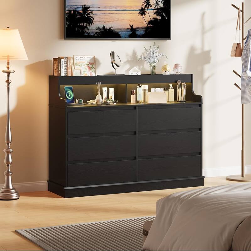 Dresser for Bedroom with 6 Drawers, Modern Chest Featuring LED Lights and Charging Station - Black - 6-drawer