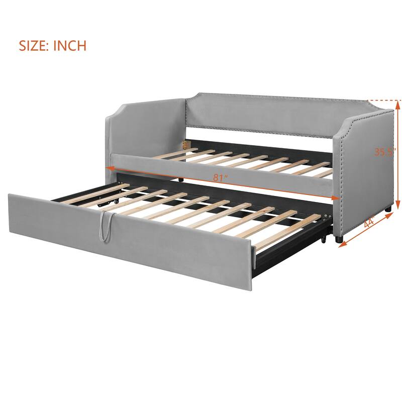 Twin Size Velvet Upholstered Daybed with Pop Up Trundle, 2-in-1 Sofa Bed for Guest Room or Kids Room