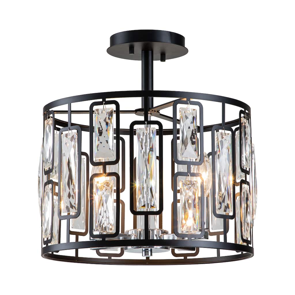4-Light Black Semi Flush Mount with Clear Crystals - W13.5"xL13.5"xH13.75"