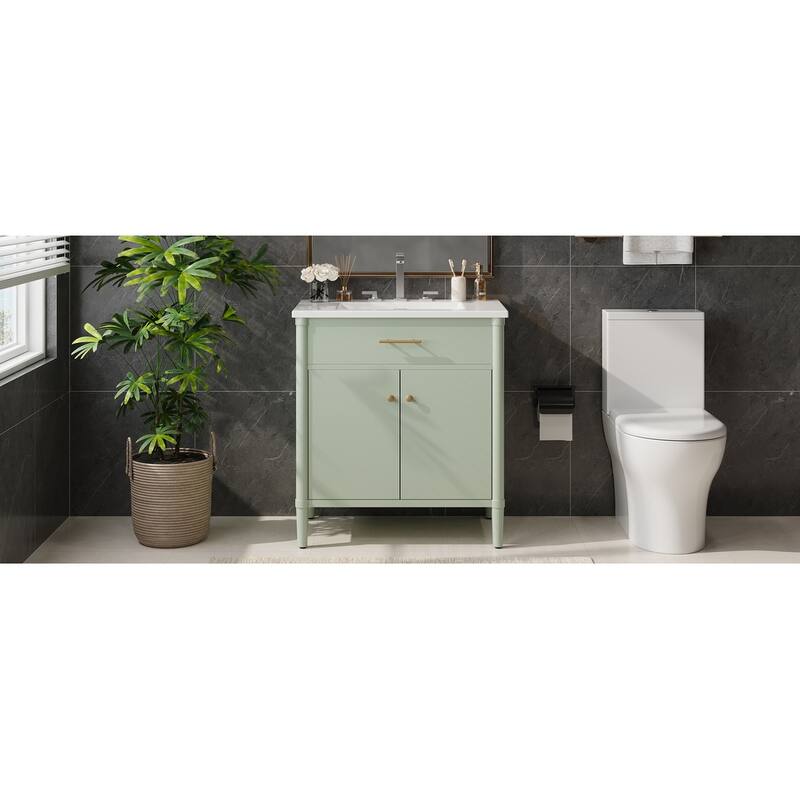 Bathroom Vanity with Ceramic Sink, Wooden Bathroom Storage Cabinet, Bathroom Cabinet with Soft Close Doors & Adjustable Shelf