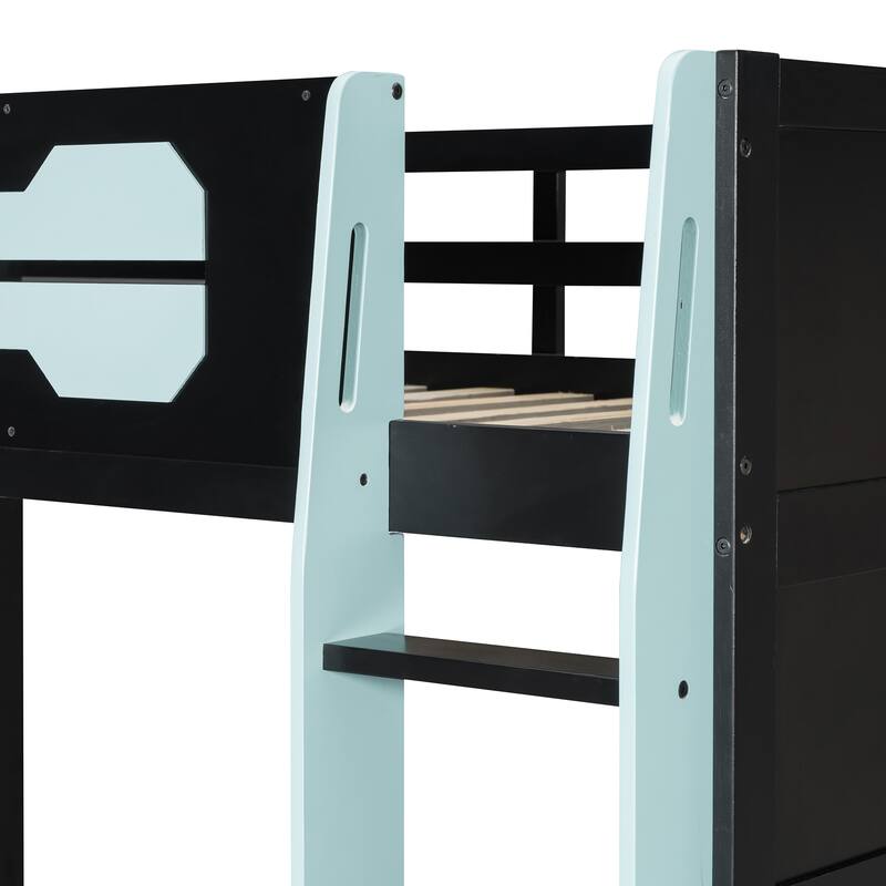 Esports Twin Loft Bed with Desk, Multi-storage Shelves and Light Strip
