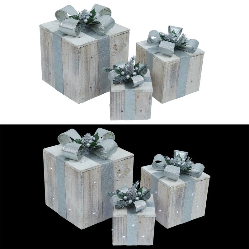 Alpine Corporation 3-Piece Decorative Wooden Christmas Gift Box Set with LED Lights