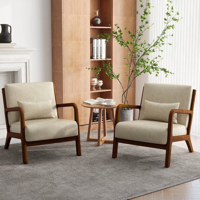 Upholstered Armchair Accent Chairs with Pillows Set of 2 - Brown Wood/PU Leather - Cream/PU/Brown Wood