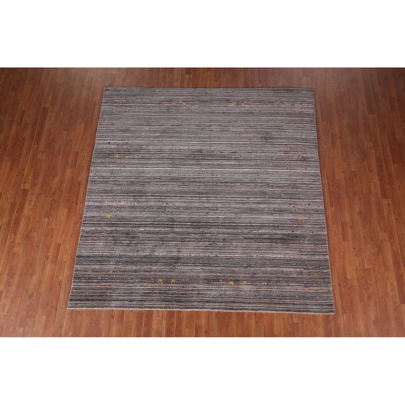 Striped Tribal Gabbeh Indian Square Area Rug Hand-Knotted Wool Carpet - 7'7"x 8'0"