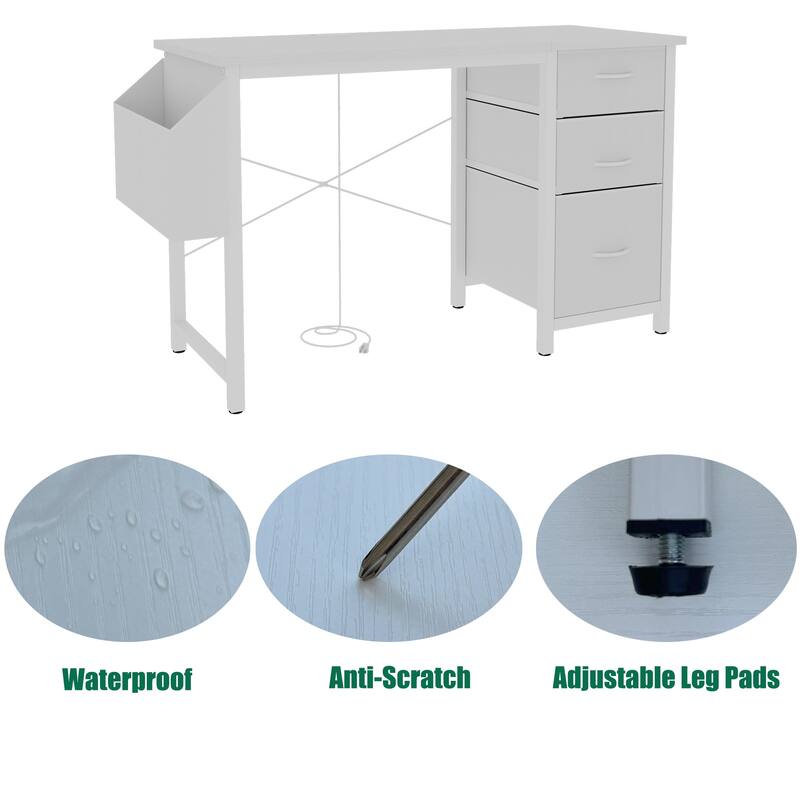 Anmytek 3 Drawer Home Office Desk with Built In Power Outlets Modern Writing Desk for Small Spaces Study Desk Computer Desk