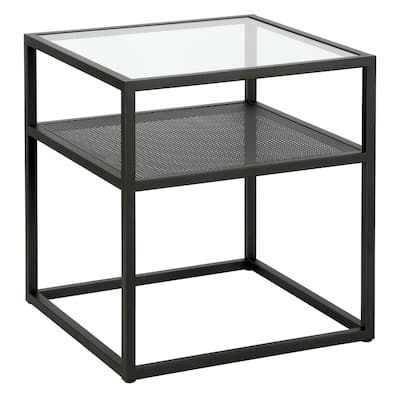 Modern Square Glass End Table with Black Steel Frame Bronze Finish Accent Table with Shelf & Storage - 20"W x 20"D x 22"H