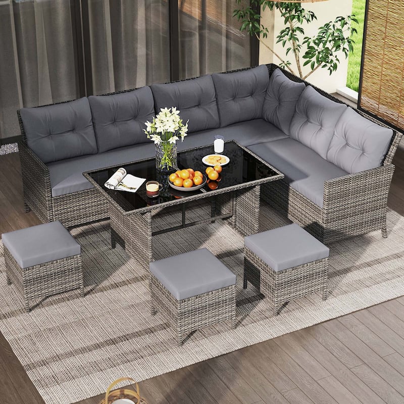 Costway 7 PCS Patio Dining Furniture Set PE Rattan Sectional Sofa Set - See Details - Grey