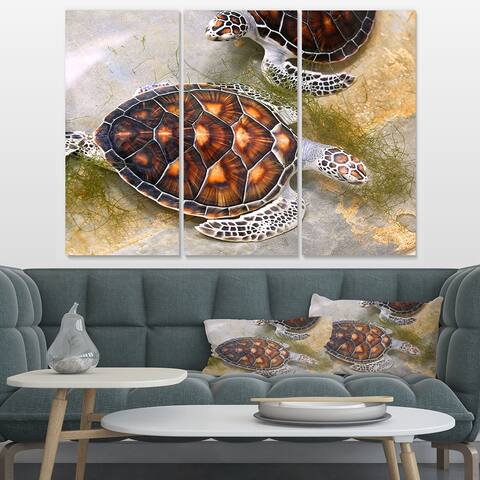 Designart "Sea Turtles in Nursery" Animal Canvas Art Print - 36x28 - 3 Panels
