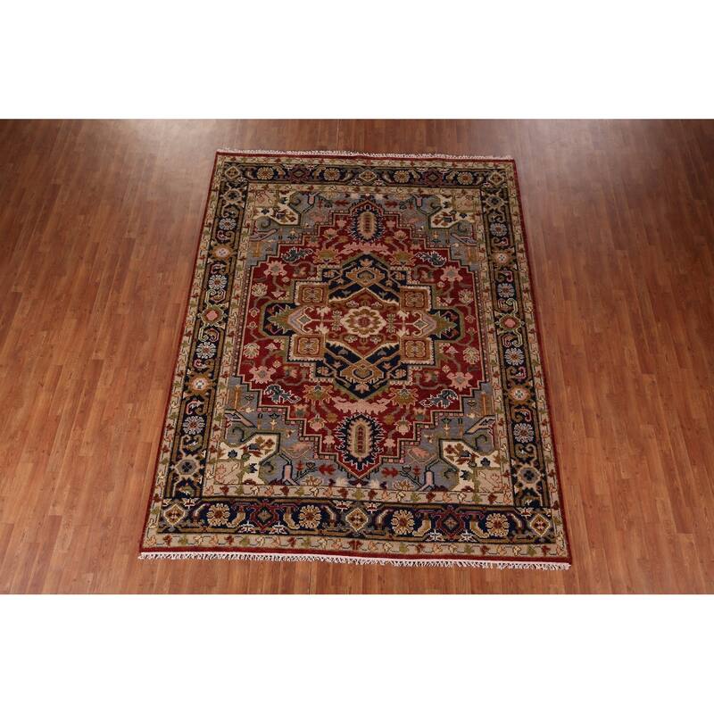 Geometric Heriz Serapi Indian Area Rug Handmade Red Wool Carpet - 7'10"x 10'0"