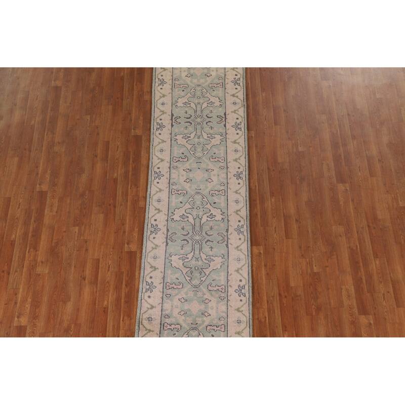 Green Oushak Oriental Runner Rug Handmade Wool Carpet - 2'6"x 10'2"