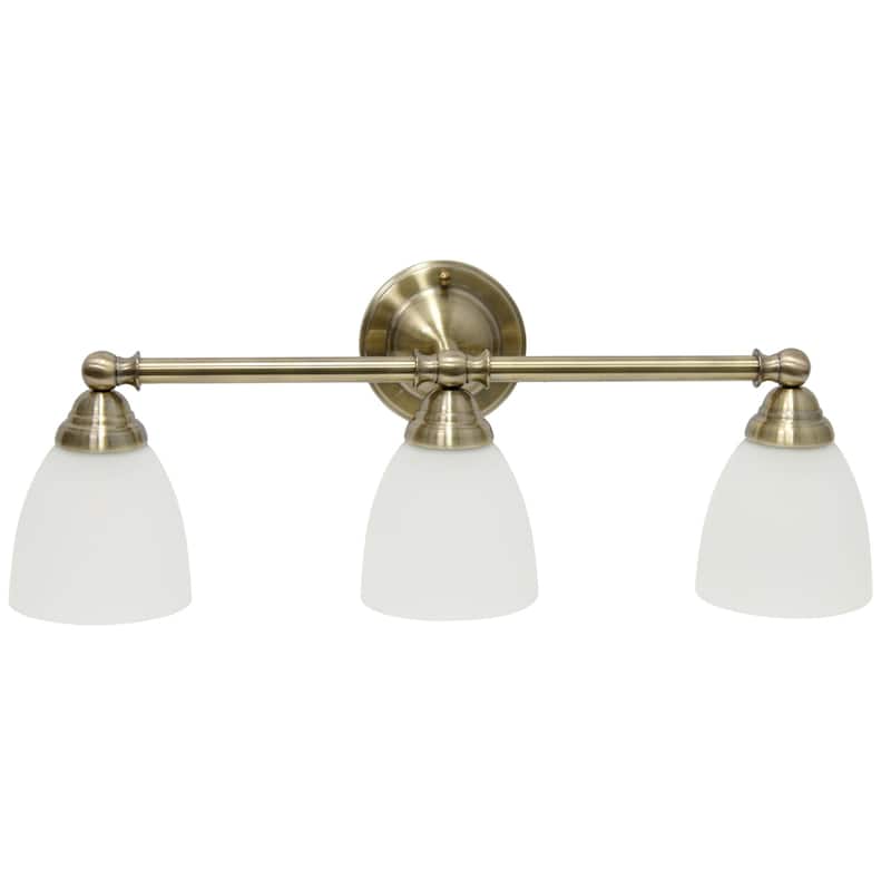Wall Mounted Three Light Vanity Fixture with Translucent Glass Shade - 25" - Antique Brass and White