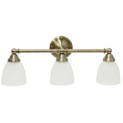 Wall Mounted Three Light Vanity Fixture with Translucent Glass Shade - 25" - Antique Brass and White