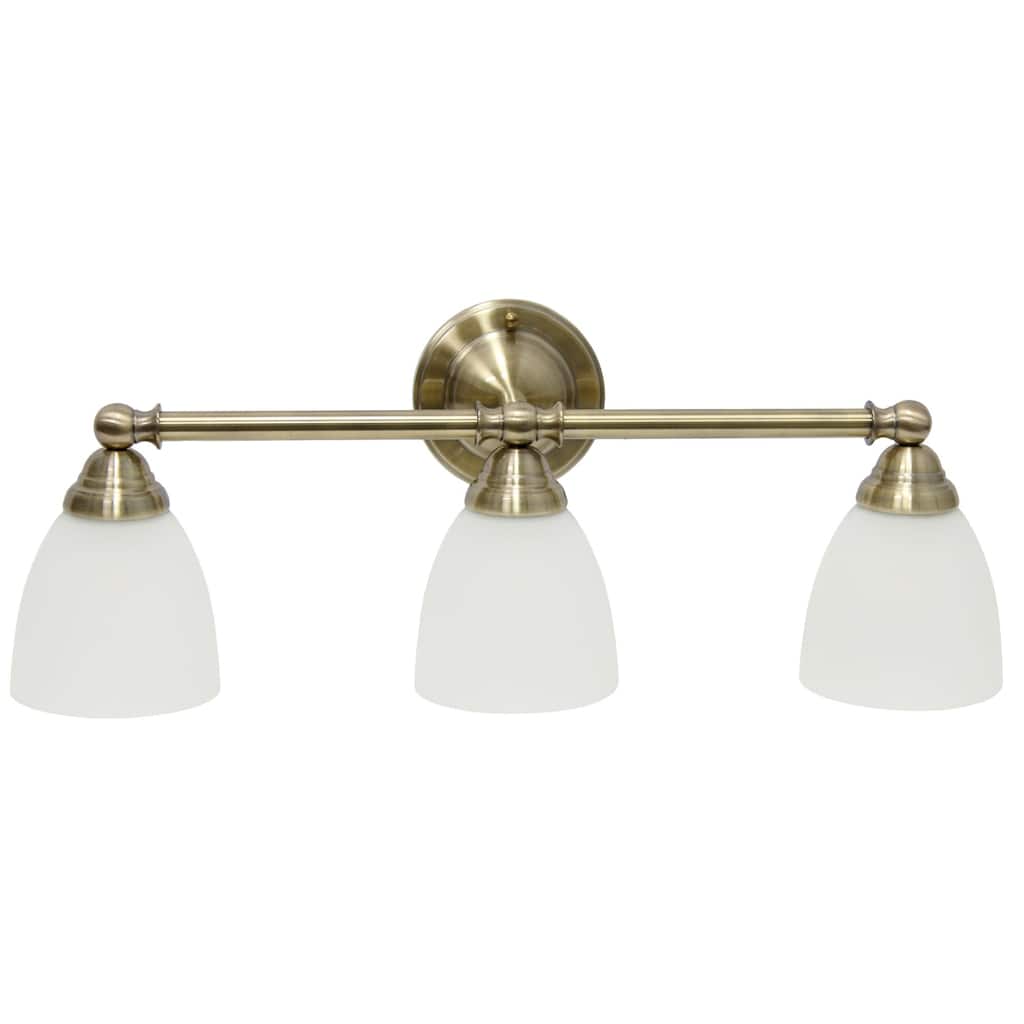 Wall Mounted Three Light Vanity Fixture with Translucent Glass Shade - 25" - Antique Brass and White