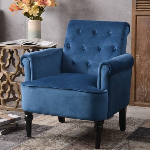 Elegant Button Tufted Club Chair Accent Armchairs Roll Arm Living Room Cushion with Wooden Legs