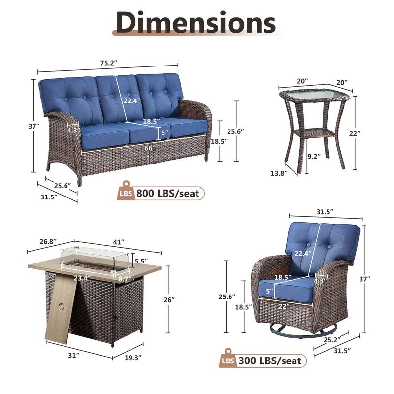 TWrap Wicker Patio Fire Pit Conversation Set with 3-Seat Sofa & Swivel Gliders