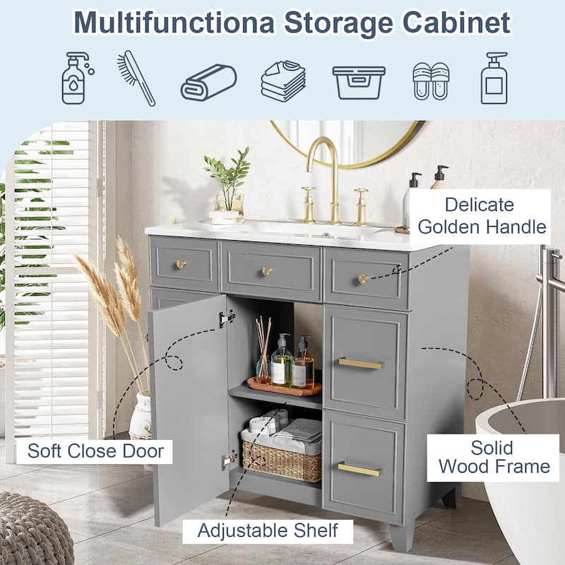 36" Bathroom Vanity with Ceramic Sink,Solid Wood Frame