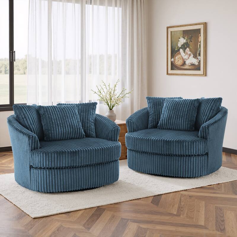 UIXE Oversize 43" Plush Corduroy Swivel Barrel Chair Comfy Accent Chair For Living Room - Blue/2 Set