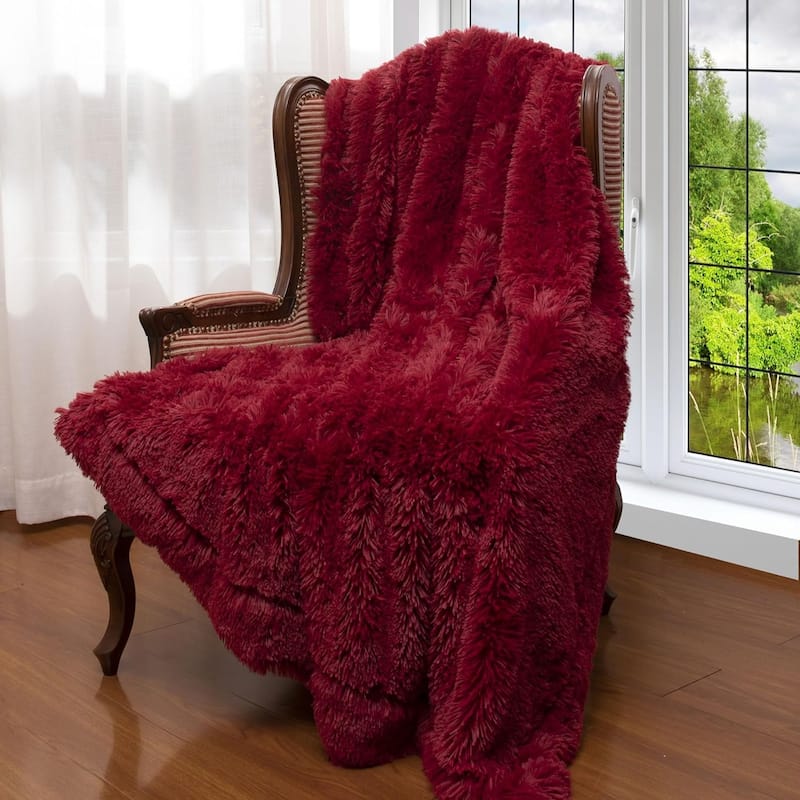 Cheer Collection Reversible Faux Fur Accent Throw Blanket - 50x60 - Maroon
