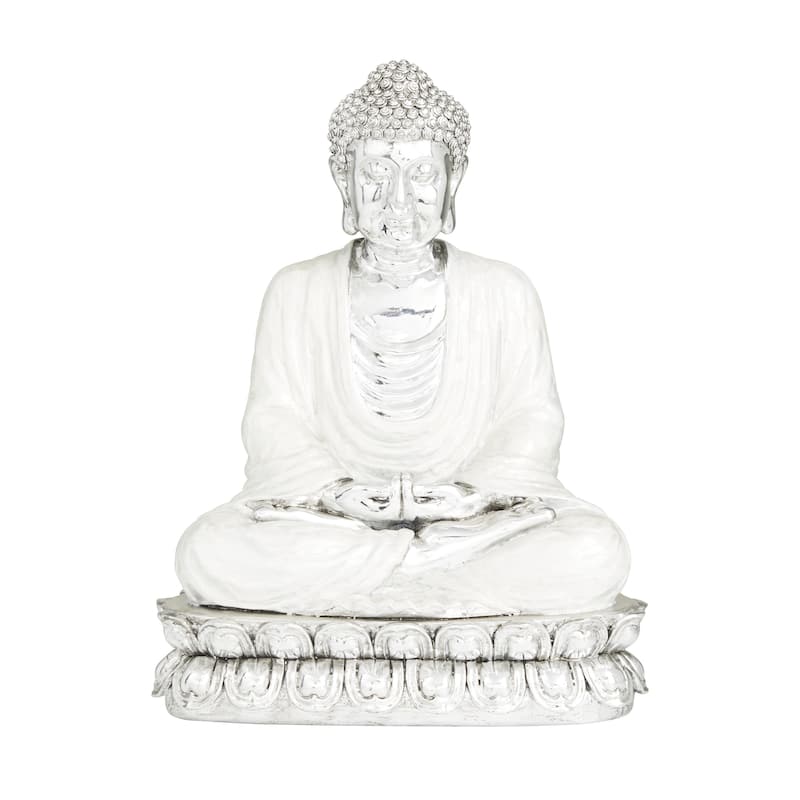 Polystone Buddha Meditating Decorative Sculpture with Engraved Carvings - Silver, Copper, Gold - Roche River Decor - Silver