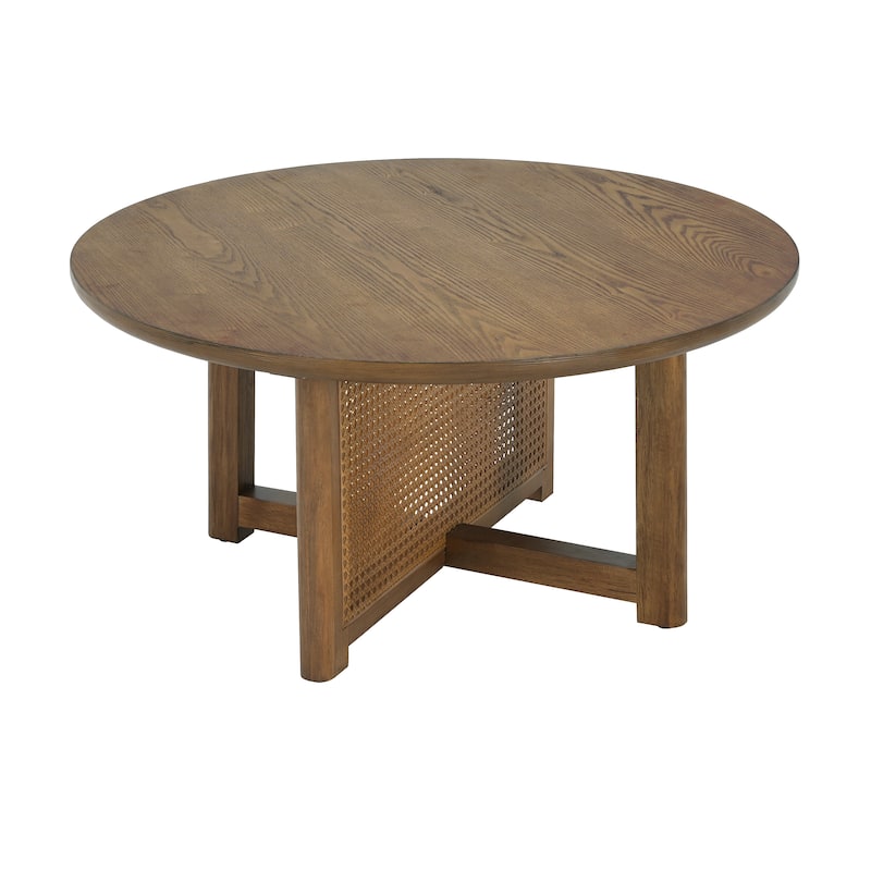 32'' Rattan Coffee Table Round Side Table, Wood Center Table End Table Rustic Dining Table for Living Room