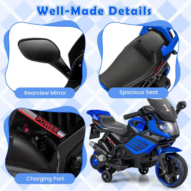 Costway 6V Kids Motorcycle with Music, Horn, Detachable Training