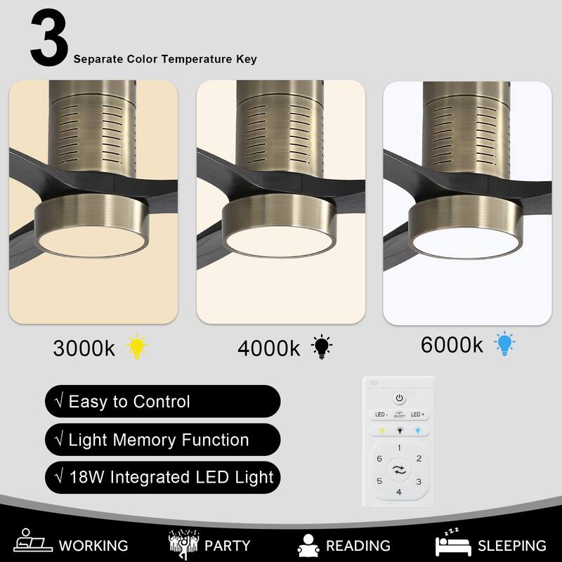 52" Flush Mount Wood Ceiling Fan with Dimmable LED Light and Remote Control