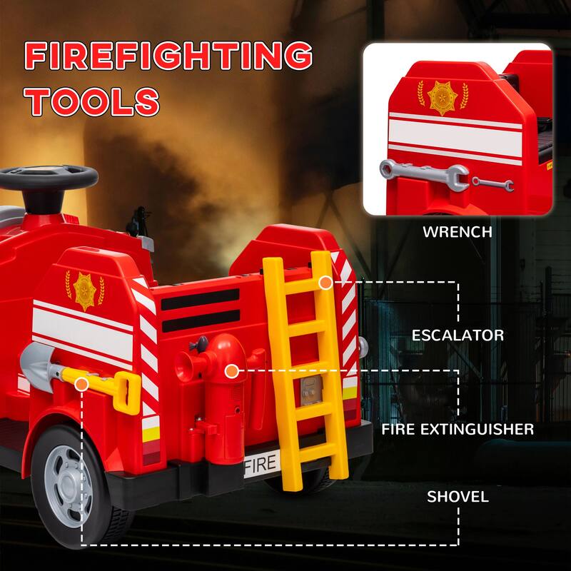 Red 12V Dual Motor Car Kids Ride-On Fire Truck with Flashing Lights and Siren Music Horn - 33.9" L x 19.3" W x 20.5" H