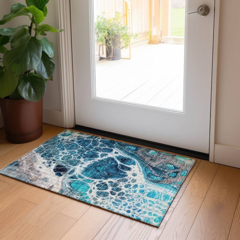 Machine Washable Indoor/ Outdoor Chantille Contemporary Rug - Teal - 1'8" x 2'6"