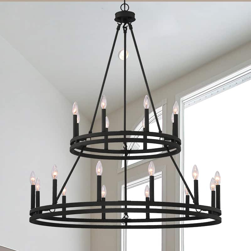 20-light 40In Modern Farmhouse Black Wagon Wheel 2-tier Candle Chandelier - 40 inches