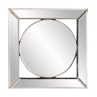 Silver Glass Square Accent Mirror with Beveled Frame and Round Inset ...