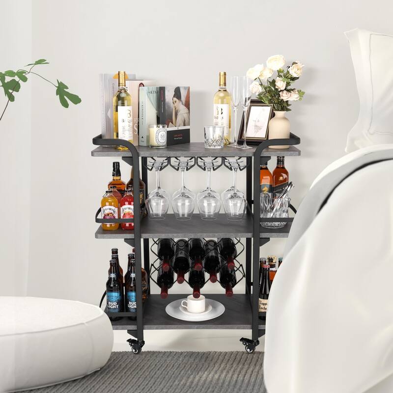Modern Industrial 3-tier Bar Cart with Wine Rack