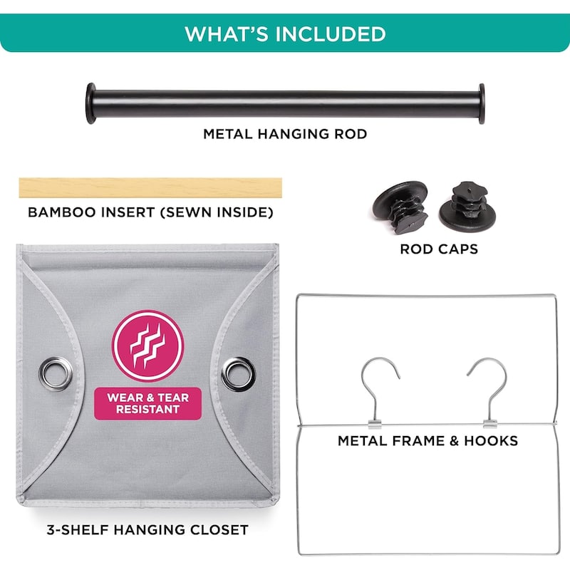 Hanging Closet Organizers with 3 Shelves - Closet Storage and RV Closet Organizer - Grey / Black