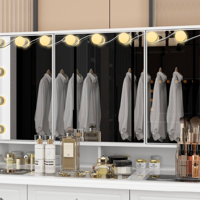 Modern White Makeup Vanity Fold Mirror Adjustable Lighting Dressing - 40.2"x54.1"