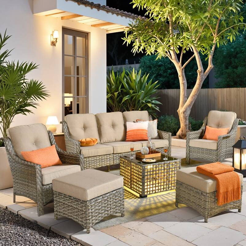 HOOOWOOO 6-pieces Wicker Patio Furniture Conversation Set with Coffee Table - Beige