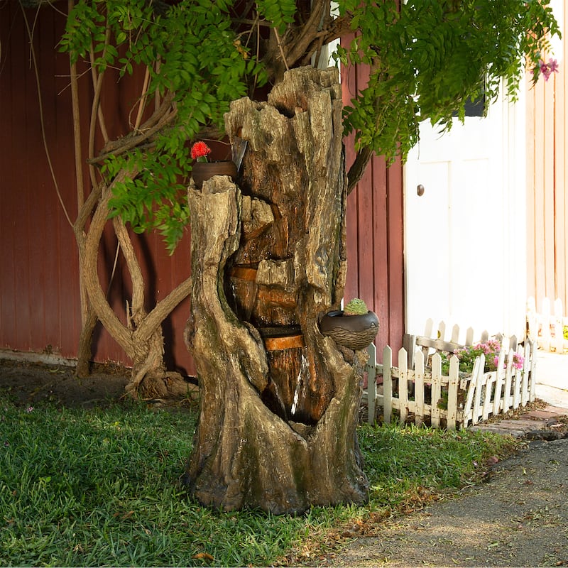 Alpine Corporation WIN1530 Indoor/Outdoor Floor Waterfall, Tree Trunk Fountain w/ LED Lights & 2 Flower Pots, 52", Brown
